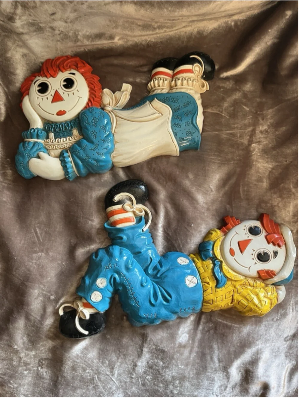 Raggedy Ann Andy VTG Nursery Wall Plaque Hanging Decor Bobbs-Merrill 1977 Set 2